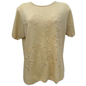 Stephanie Rogers Butter Yellow Floral Embroidered Short Sleeve Sweater Sz XL‎